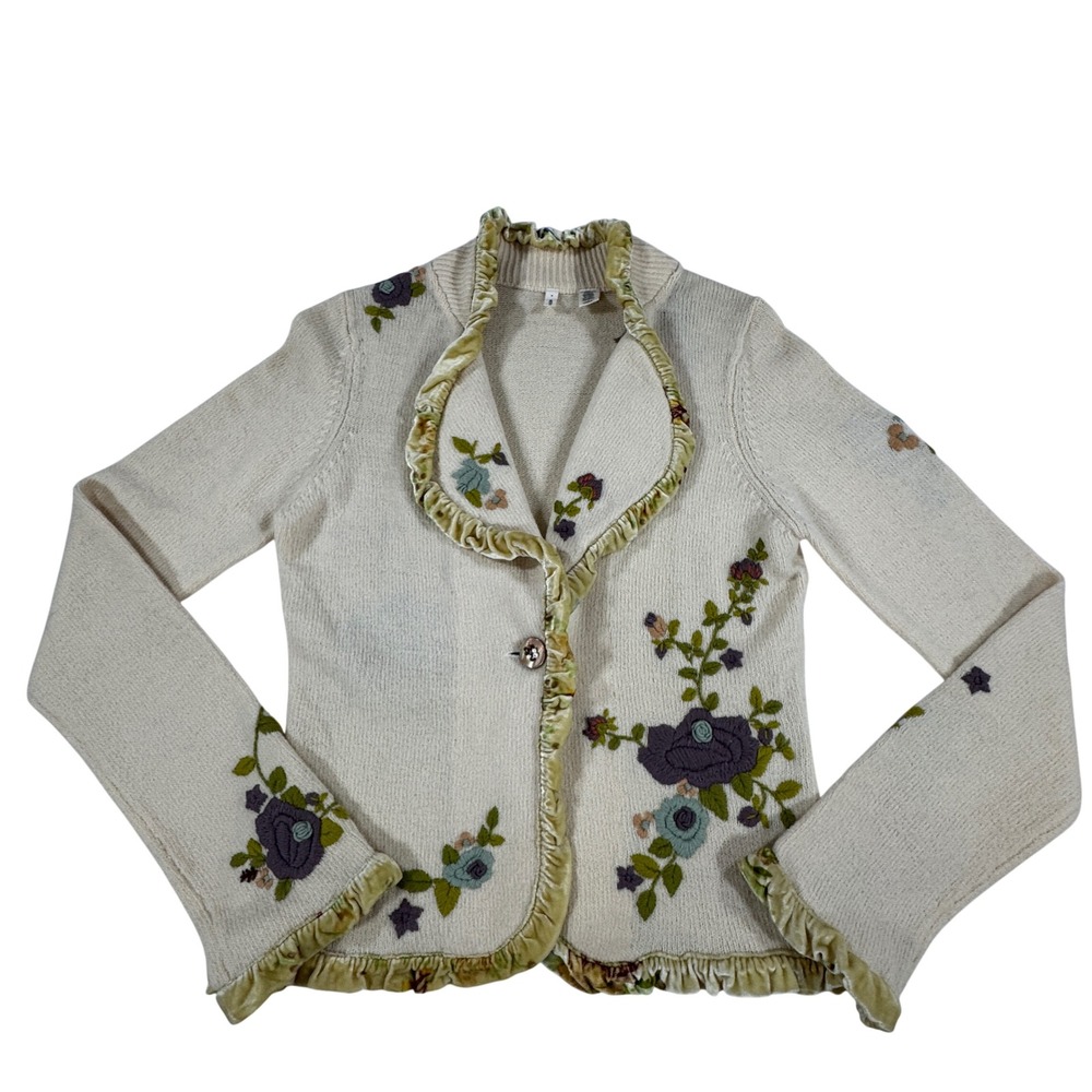 Moth by Anthropologie Merino Wool Floral Embroidered Velvet Trim Sweater L Whmsy